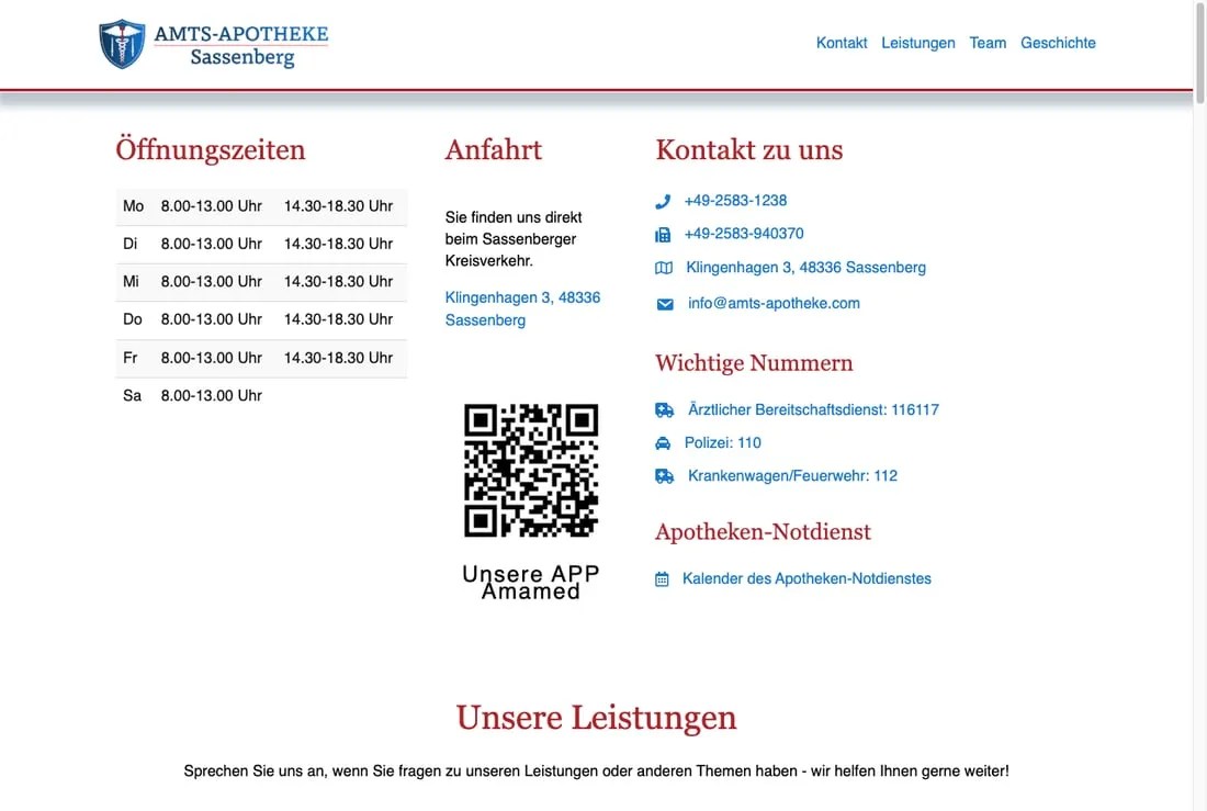 Bisherige Website der Amts-Apotheke Sassenberg: statische Textspalten mit Öffnungszeiten, Anfahrt und Kontakt, kein Bild der Apotheke.